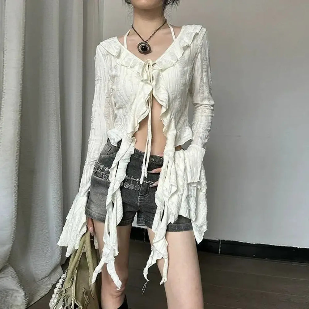 Fairycore Ruffle Lace Up Cardigan - Women’s Clothing & Accessories - Cardigans - 1