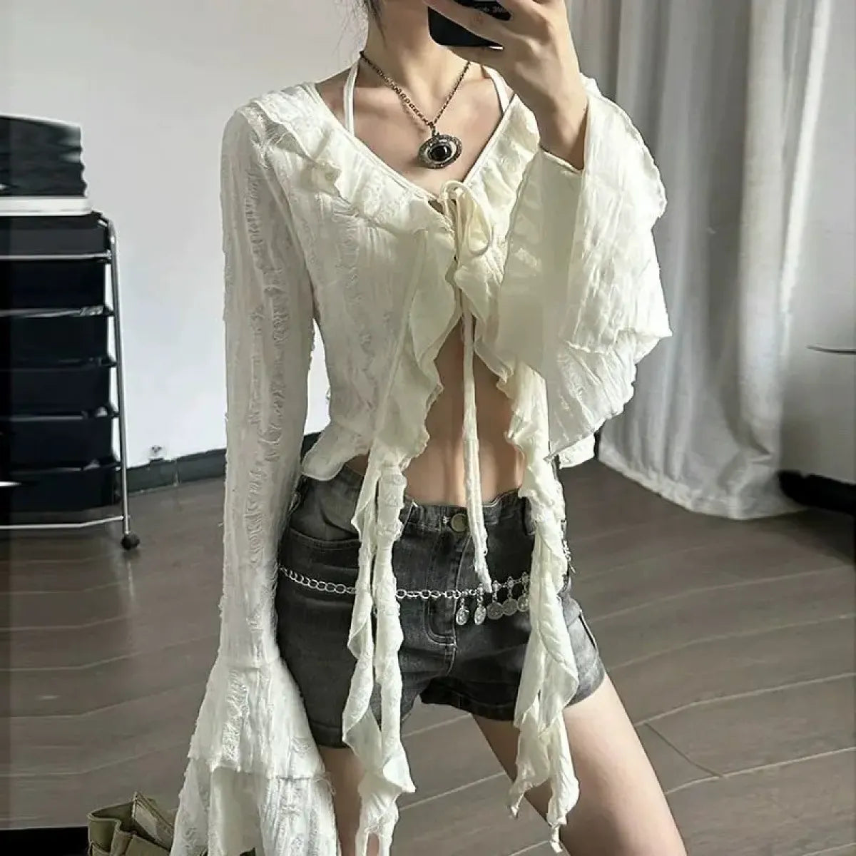 Fairycore Ruffle Lace Up Cardigan - Women’s Clothing & Accessories - Cardigans - 3