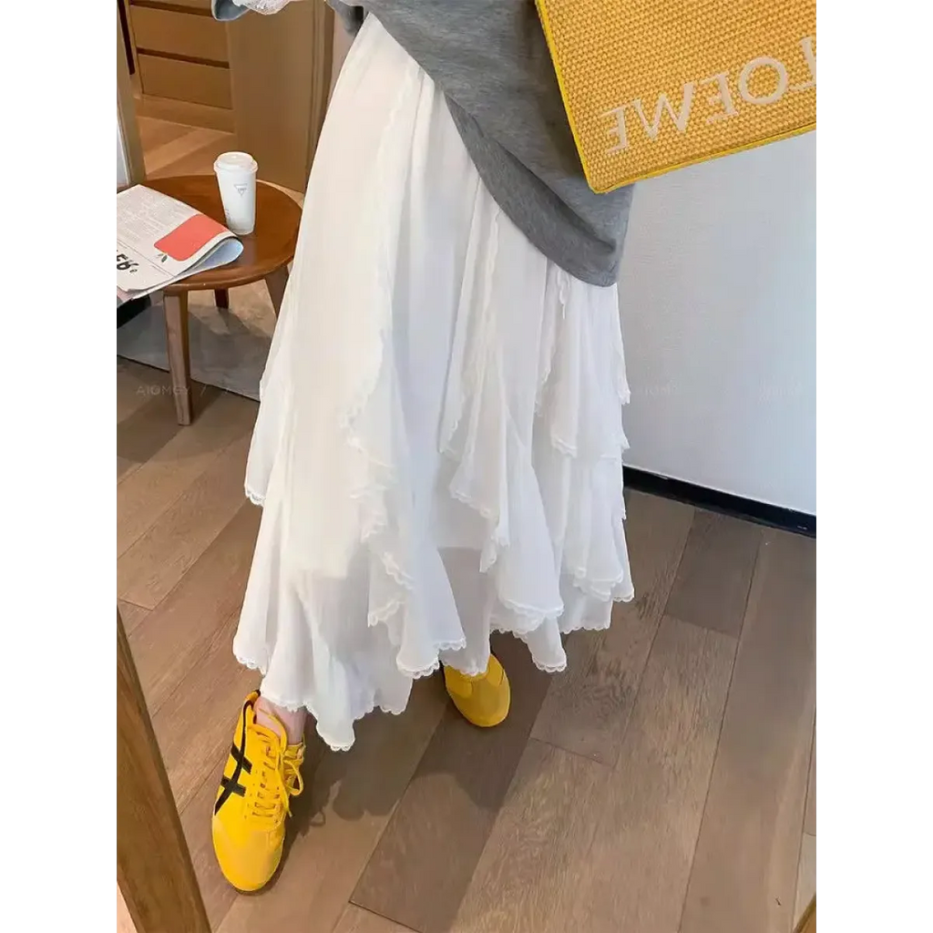 Fairycore Ruffle Layered White Midi Skirt - Bottoms - Skirts - 1