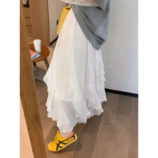 Fairycore Ruffle Layered White Midi Skirt - Bottoms - Skirts - 2