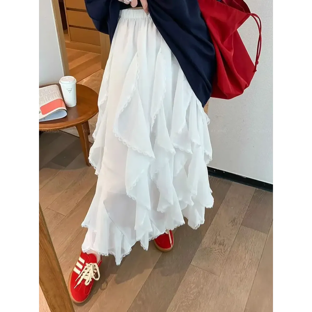 Fairycore Ruffle Layered White Midi Skirt - Bottoms - Skirts - 5