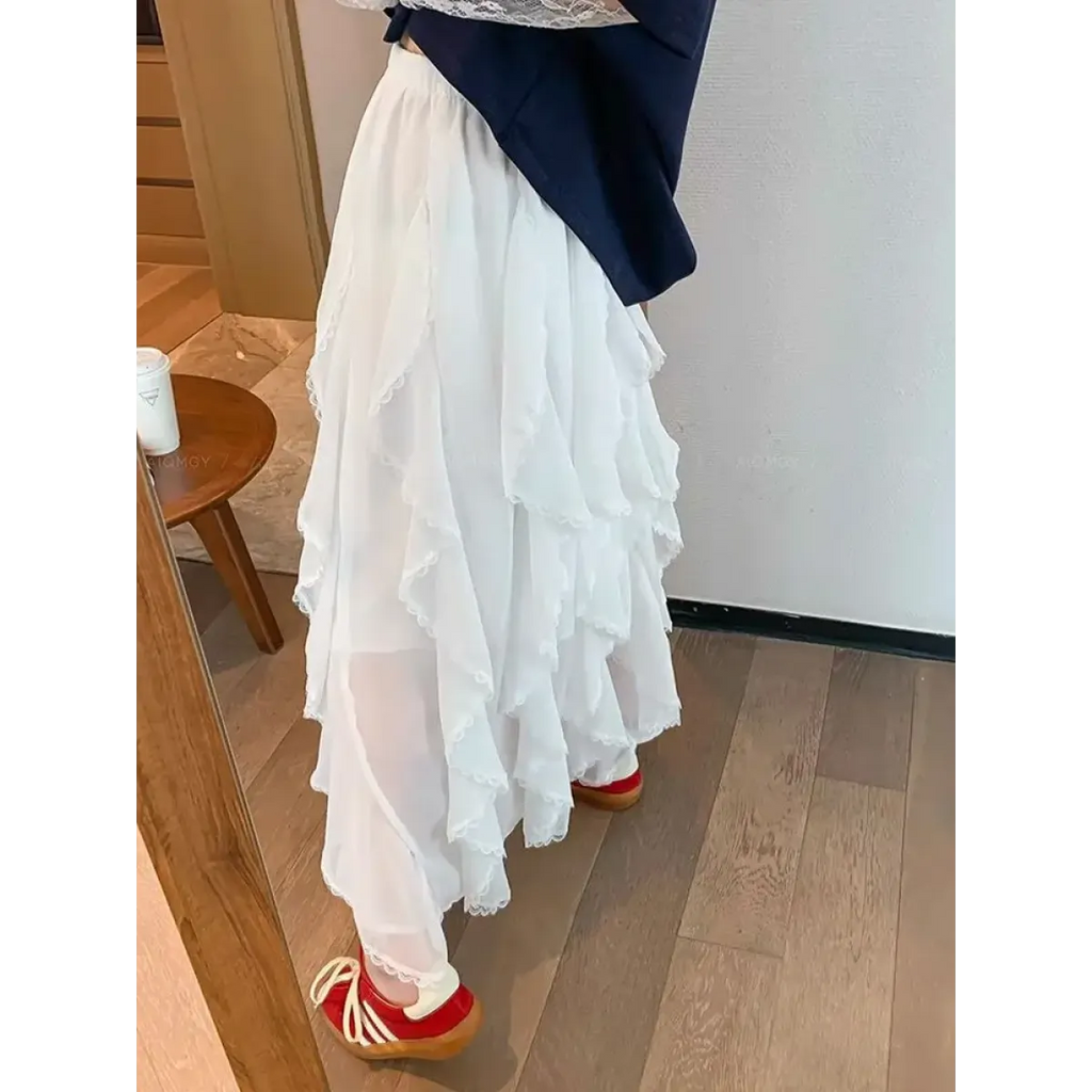 Fairycore Ruffle Layered White Midi Skirt - Bottoms - Skirts - 6