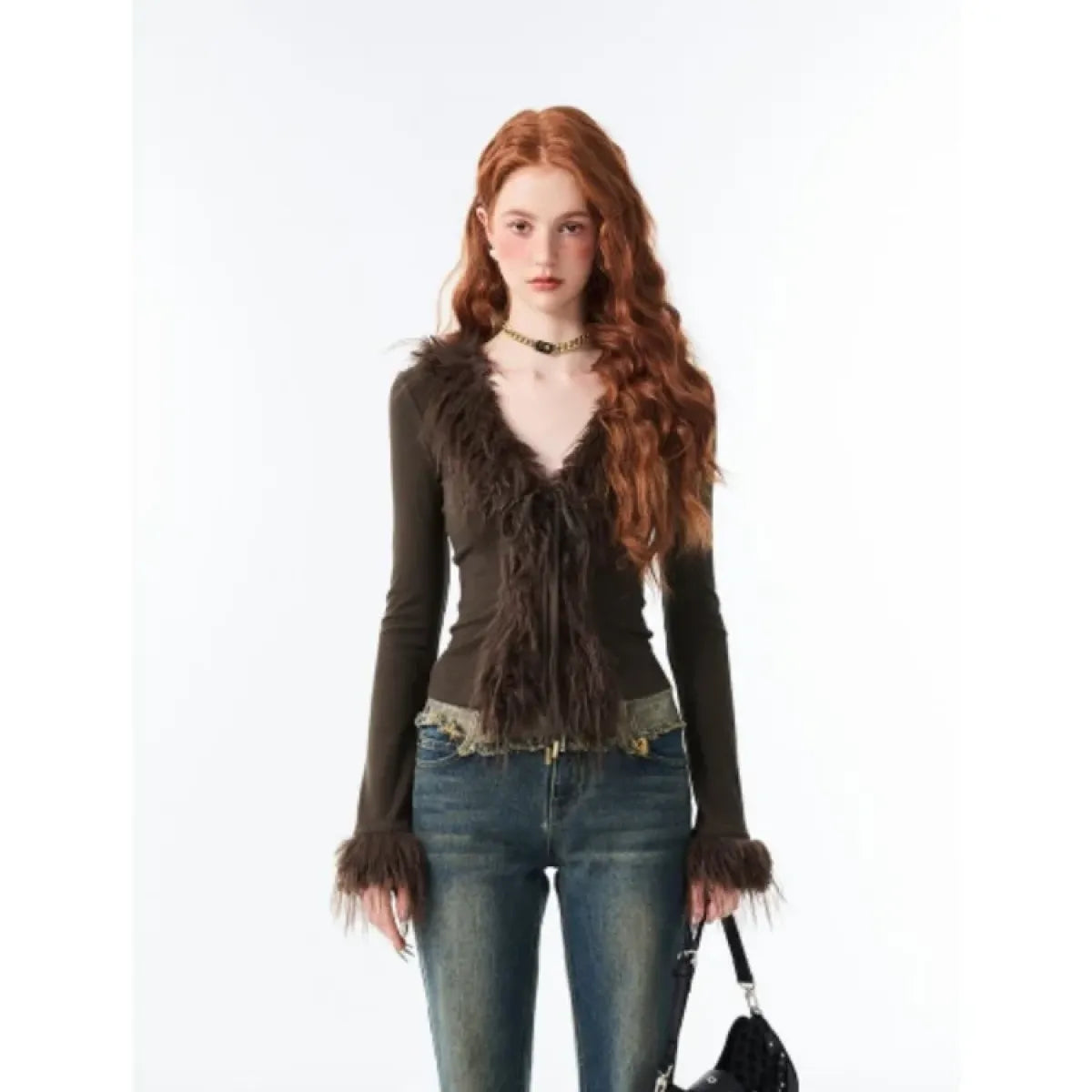 Lace-Up Faux Fur Cardigan – Vintage Slim Fit Long Sleeve Top - Sweaters - Long - Cardigans - 5