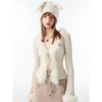 Lace-Up Faux Fur Cardigan – Vintage Slim Fit Long Sleeve Top - Sweaters - Long - Cardigans - 6