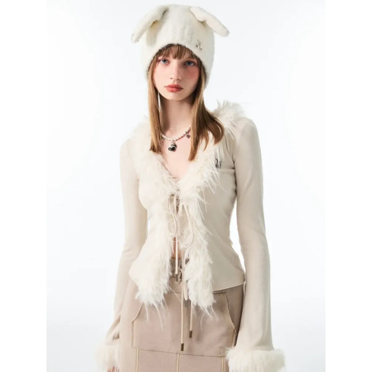 Lace-Up Faux Fur Cardigan – Vintage Slim Fit Long Sleeve Top - Sweaters - Long - Cardigans - 6