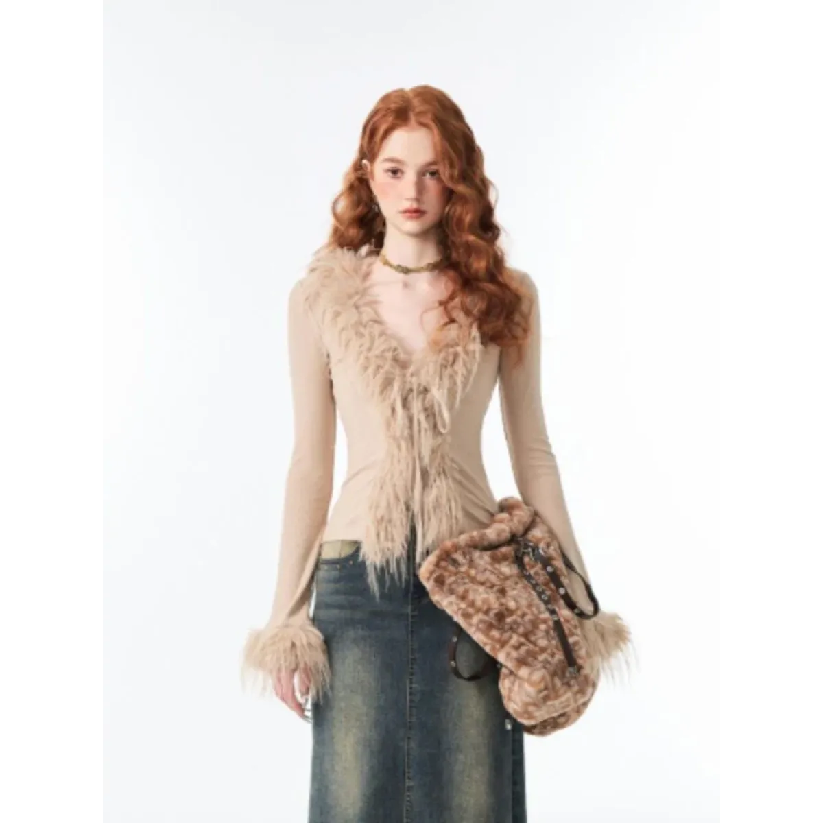 Lace-Up Faux Fur Cardigan – Vintage Slim Fit Long Sleeve Top - Sweaters - Long - Cardigans - 1