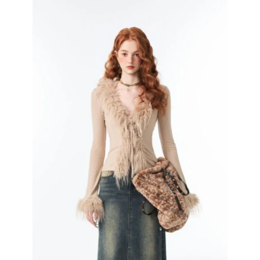 Lace-Up Faux Fur Cardigan – Vintage Slim Fit Long Sleeve Top - Best Sellers - Long - Cardigans - 1