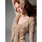 Lace-Up Faux Fur Cardigan – Vintage Slim Fit Long Sleeve Top - Sweaters - Long - Cardigans - 2