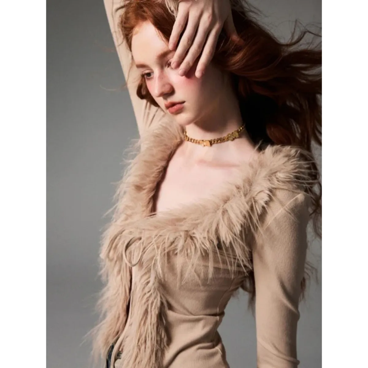 Lace-Up Faux Fur Cardigan – Vintage Slim Fit Long Sleeve Top - Sweaters - Long - Cardigans - 2