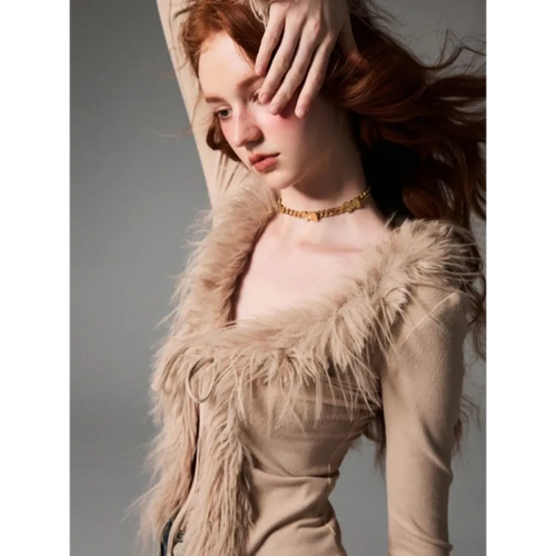 Lace-Up Faux Fur Cardigan – Vintage Slim Fit Long Sleeve Top - Sweaters - Long - Cardigans - 2