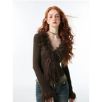 Lace-Up Faux Fur Cardigan – Vintage Slim Fit Long Sleeve Top - Sweaters - Long - Cardigans - 3