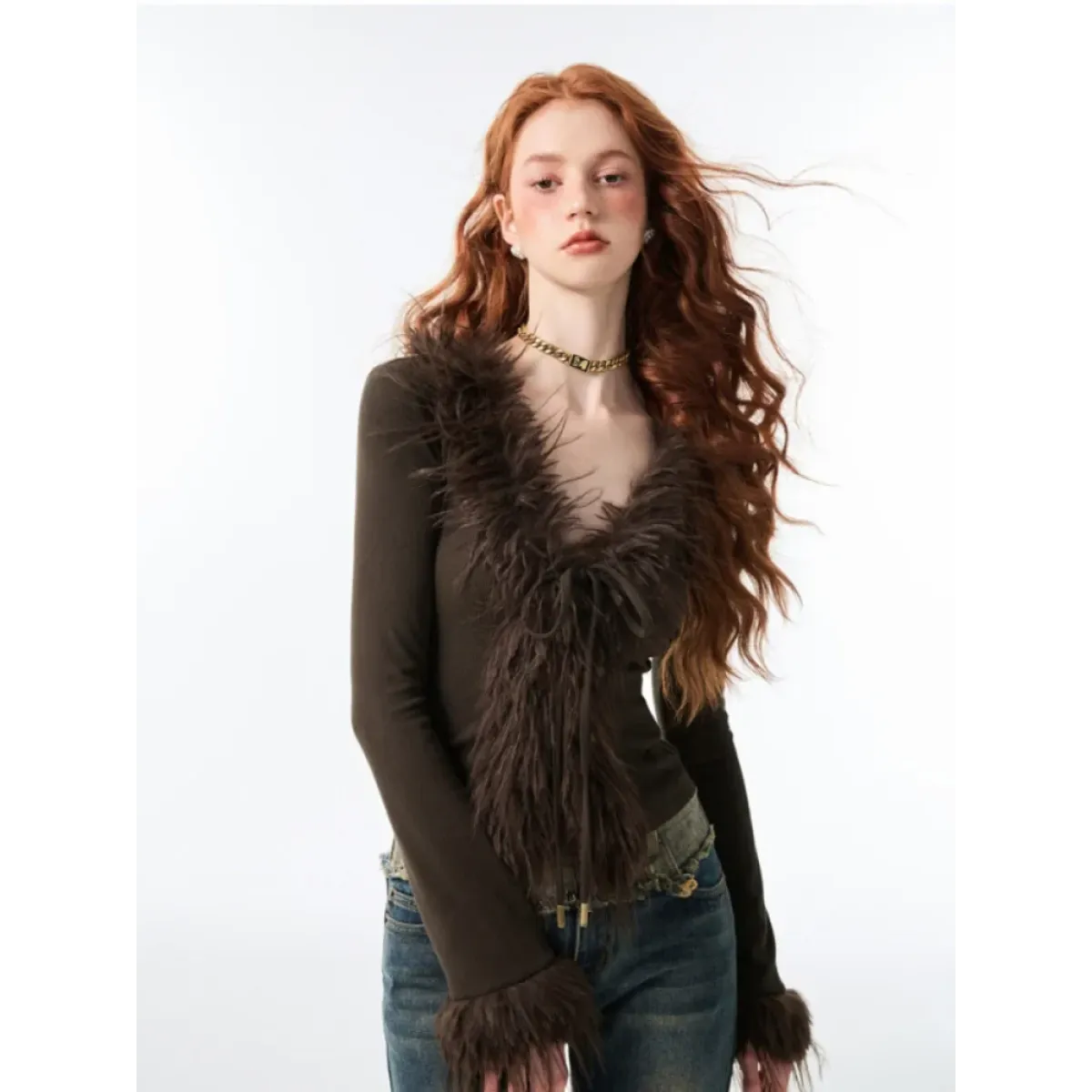 Lace-Up Faux Fur Cardigan – Vintage Slim Fit Long Sleeve Top - Sweaters - Long - Cardigans - 3