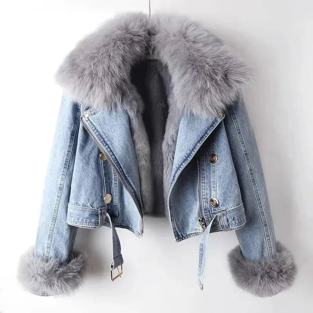 Faux Fur Collar Denim Jacket with Plush Lining - Jackets & Coats - Jacket - 1