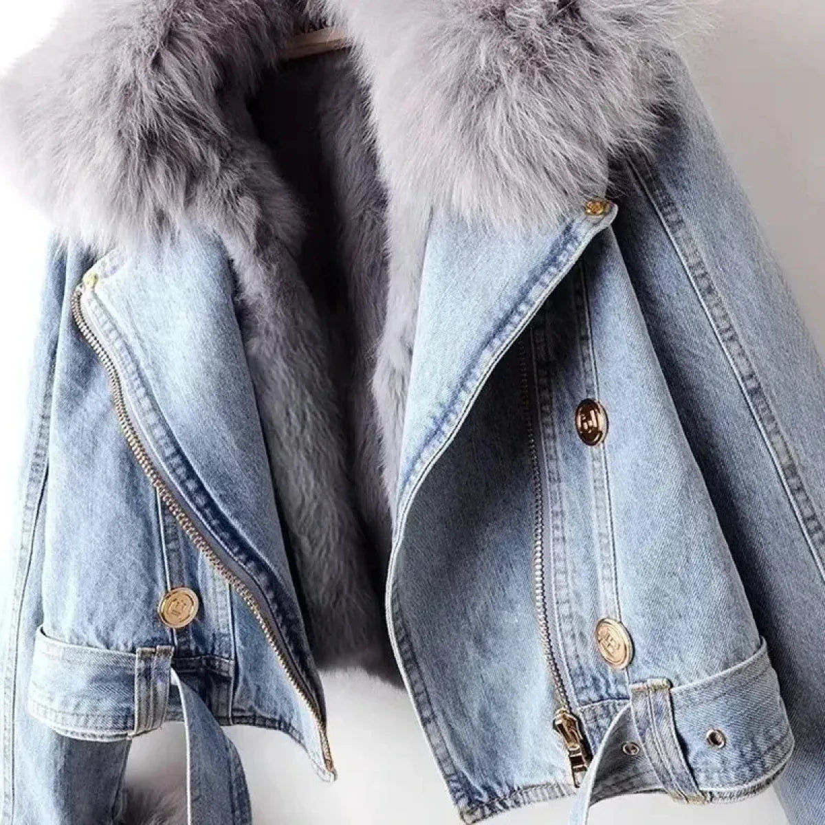 Faux Fur Collar Denim Jacket with Plush Lining - Jackets & Coats - Jacket - 2