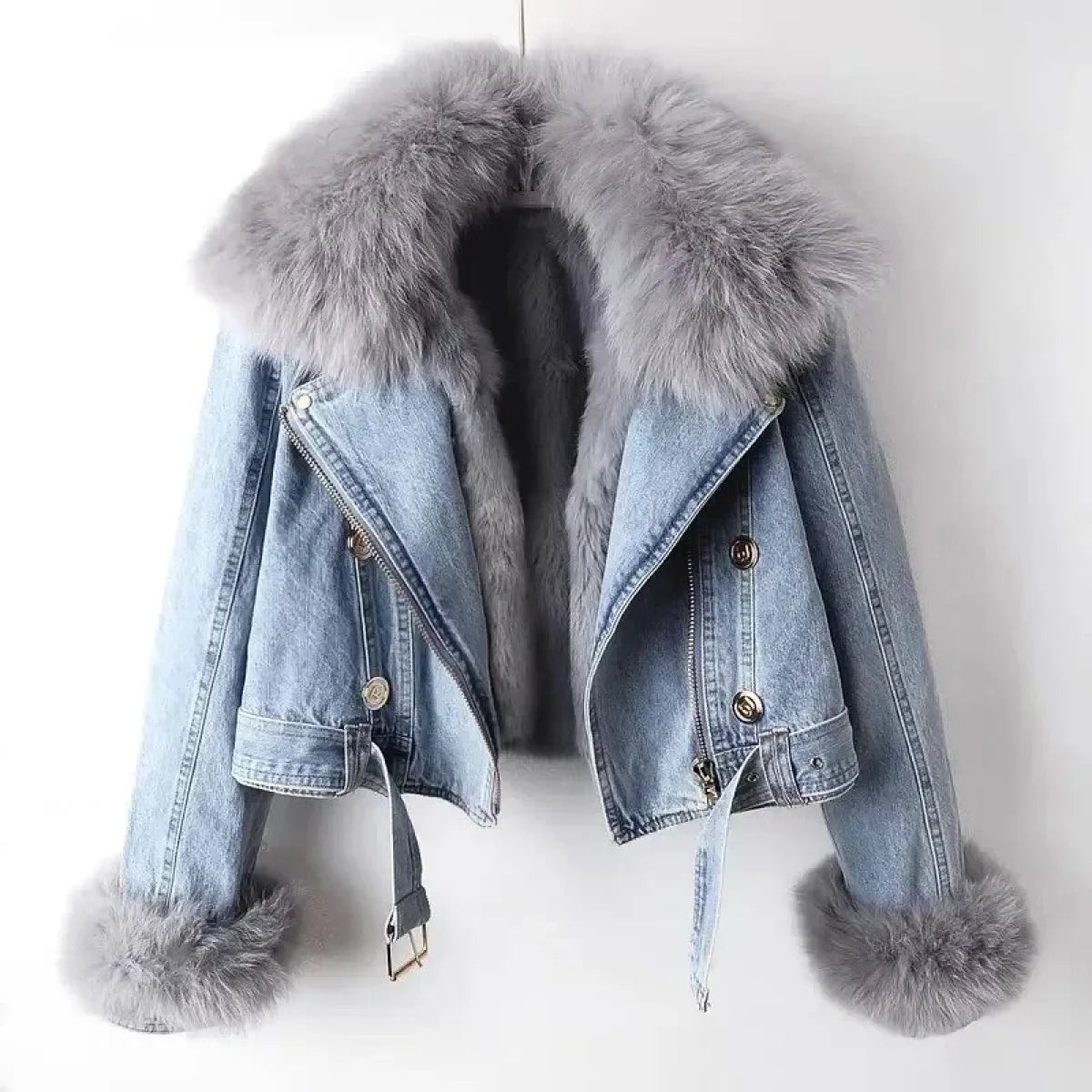 Faux Fur Collar Denim Jacket with Plush Lining - Jackets & Coats - Jacket - 7
