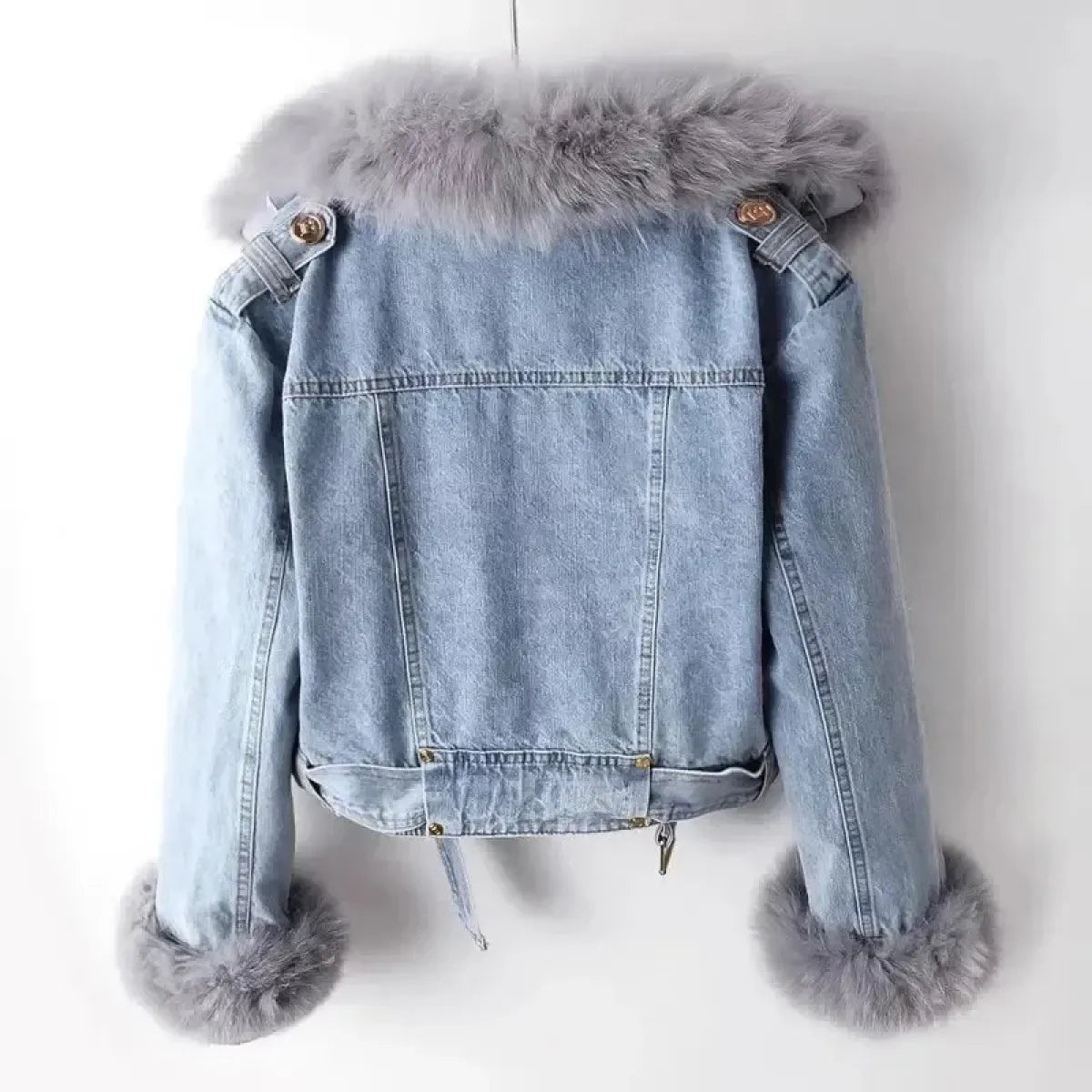 Faux Fur Collar Denim Jacket with Plush Lining - Jackets & Coats - Jacket - 3