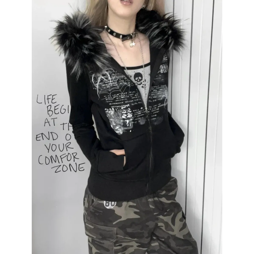 Black Gothic Grunge Fur Hooded Jacket - Women’s Clothing & Accessories - Long - Hooded - Women’s Hoodies - 1