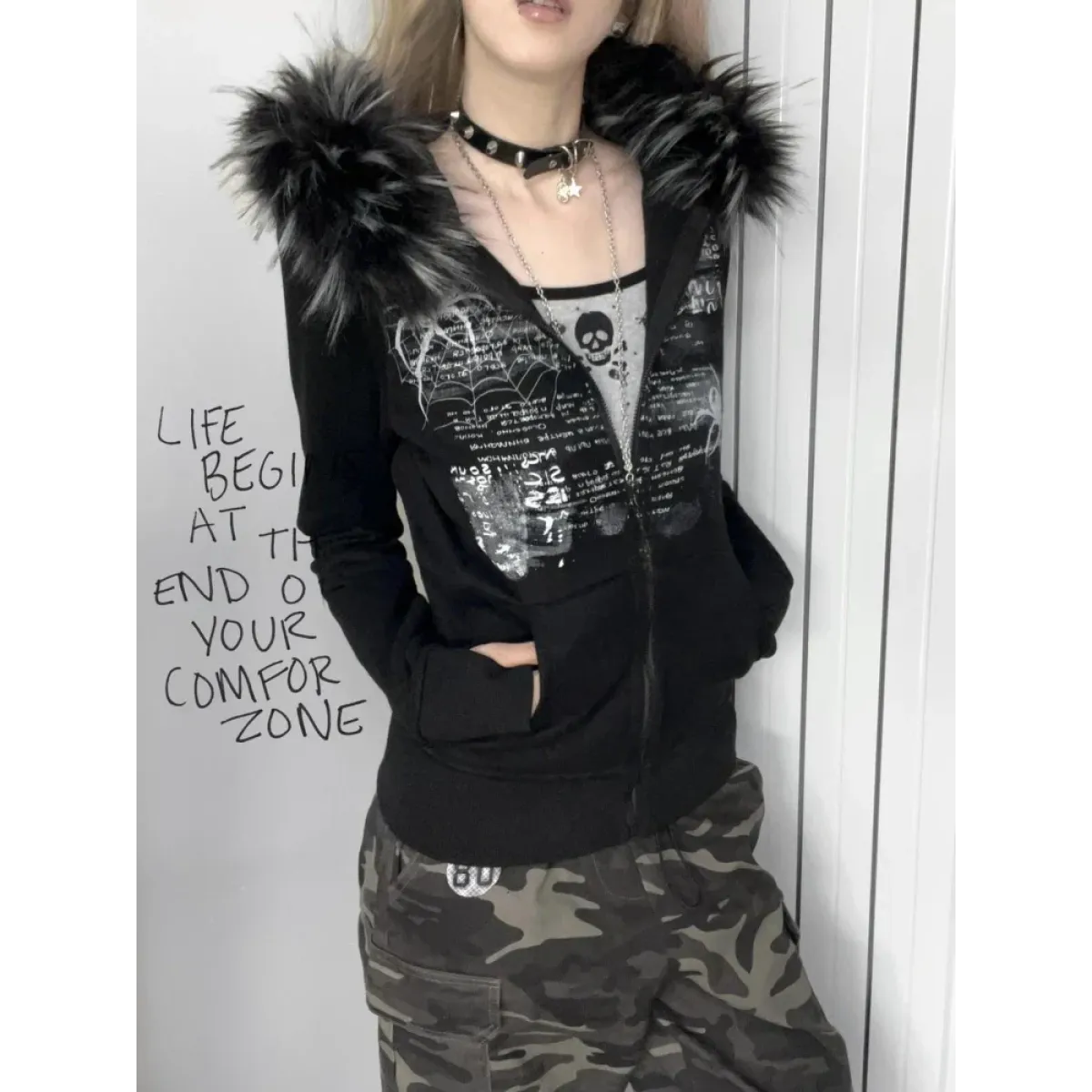 Black Gothic Grunge Fur Hooded Jacket - Women’s Clothing & Accessories - Long - Hooded - Women’s Hoodies - 1