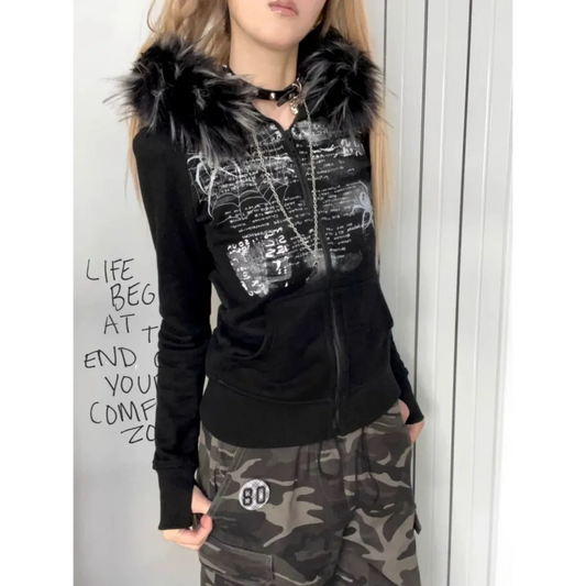 Black Gothic Grunge Fur Hooded Jacket - Women’s Clothing & Accessories - Long - Hooded - Women’s Hoodies - 2