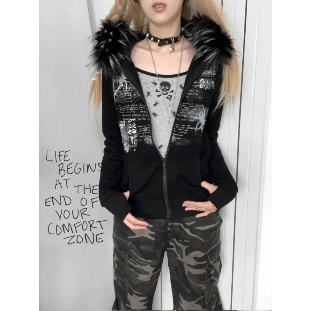 Black Gothic Grunge Fur Hooded Jacket - Women’s Clothing & Accessories - Long - Hooded - Women’s Hoodies - 4
