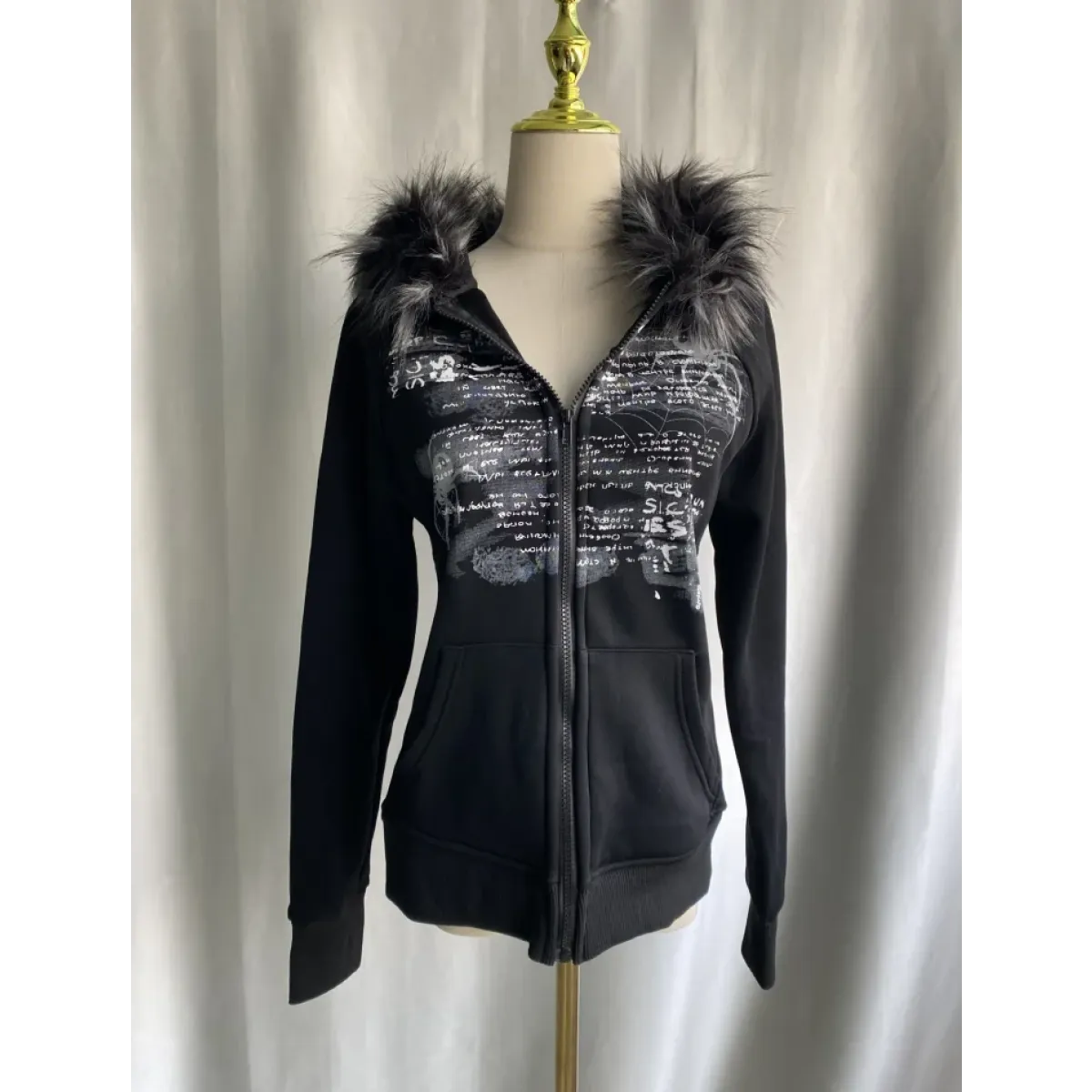 Black Gothic Grunge Fur Hooded Jacket - Women’s Clothing & Accessories - Long - Hooded - Women’s Hoodies - 5