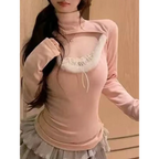 Faux Fur Trim Cutout Top – Sweet Harajuku Lace Style - T-Shirts - Long - Round - T-Shirts - 1