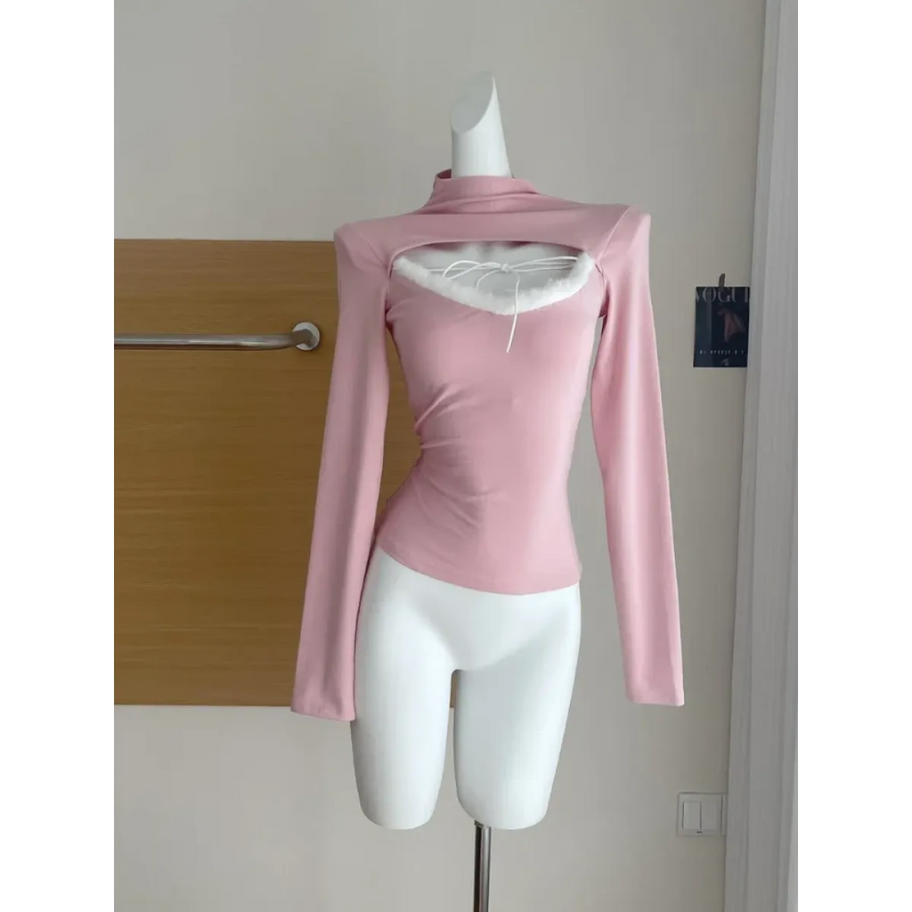 Faux Fur Trim Cutout Top – Sweet Harajuku Lace Style - T-Shirts - Long - Round - T-Shirts - 3