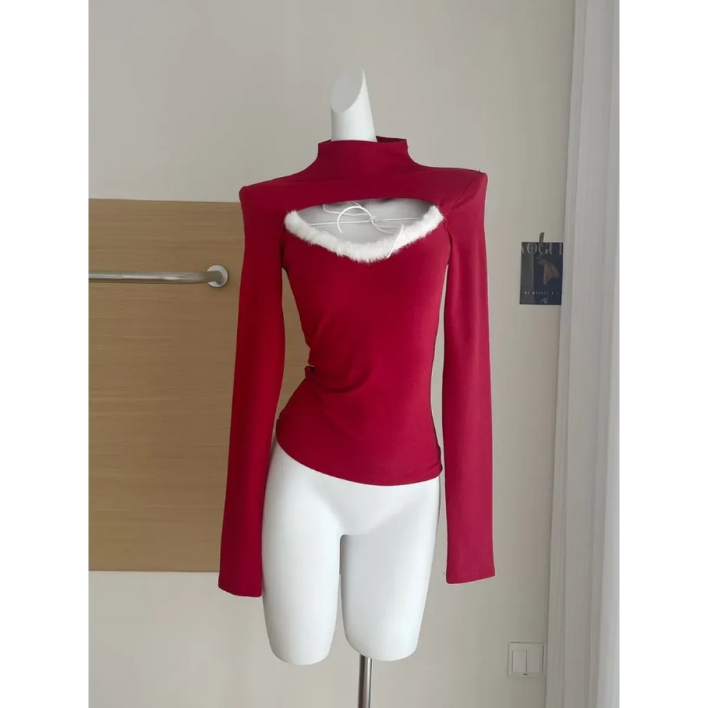 Faux Fur Trim Cutout Top – Sweet Harajuku Lace Style - T-Shirts - Long - Round - T-Shirts - 2