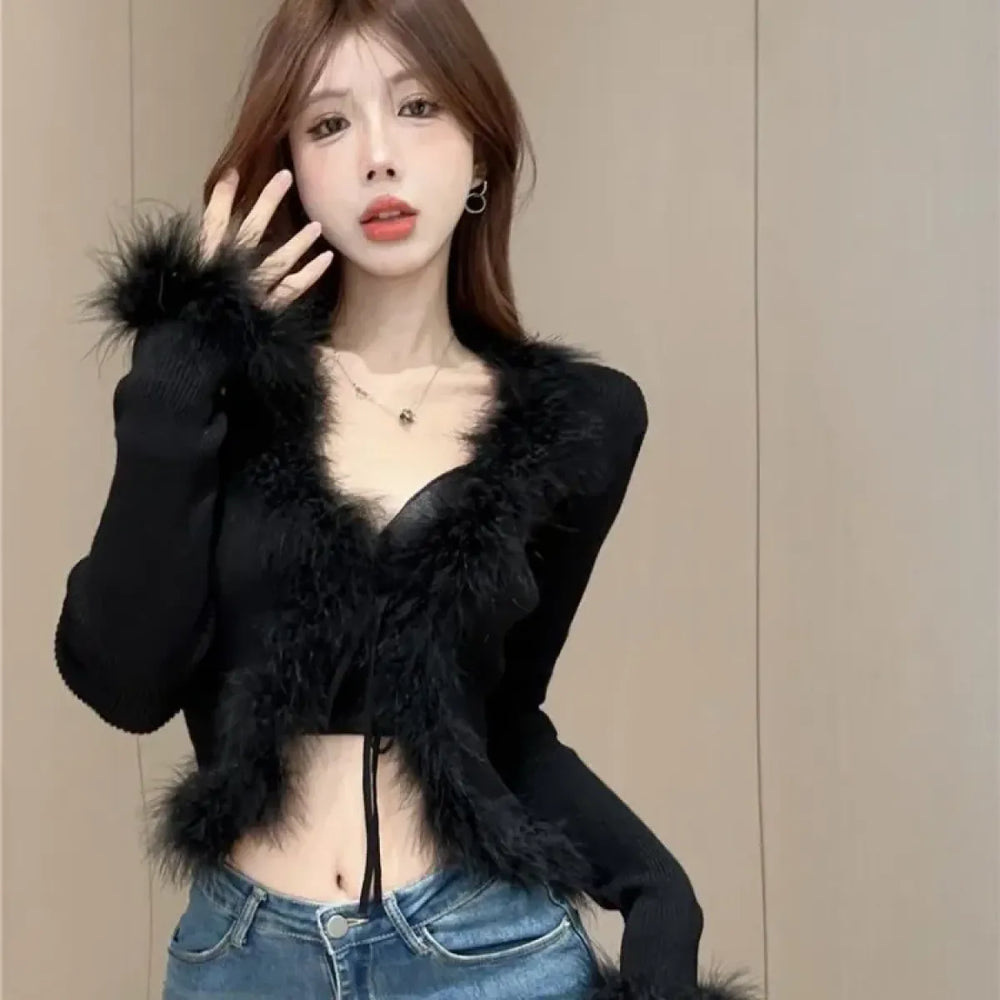 Y2K Lace-Up Faux Fur Trim Cardigan - Women’s Clothing & Accessories - Cardigan - 1