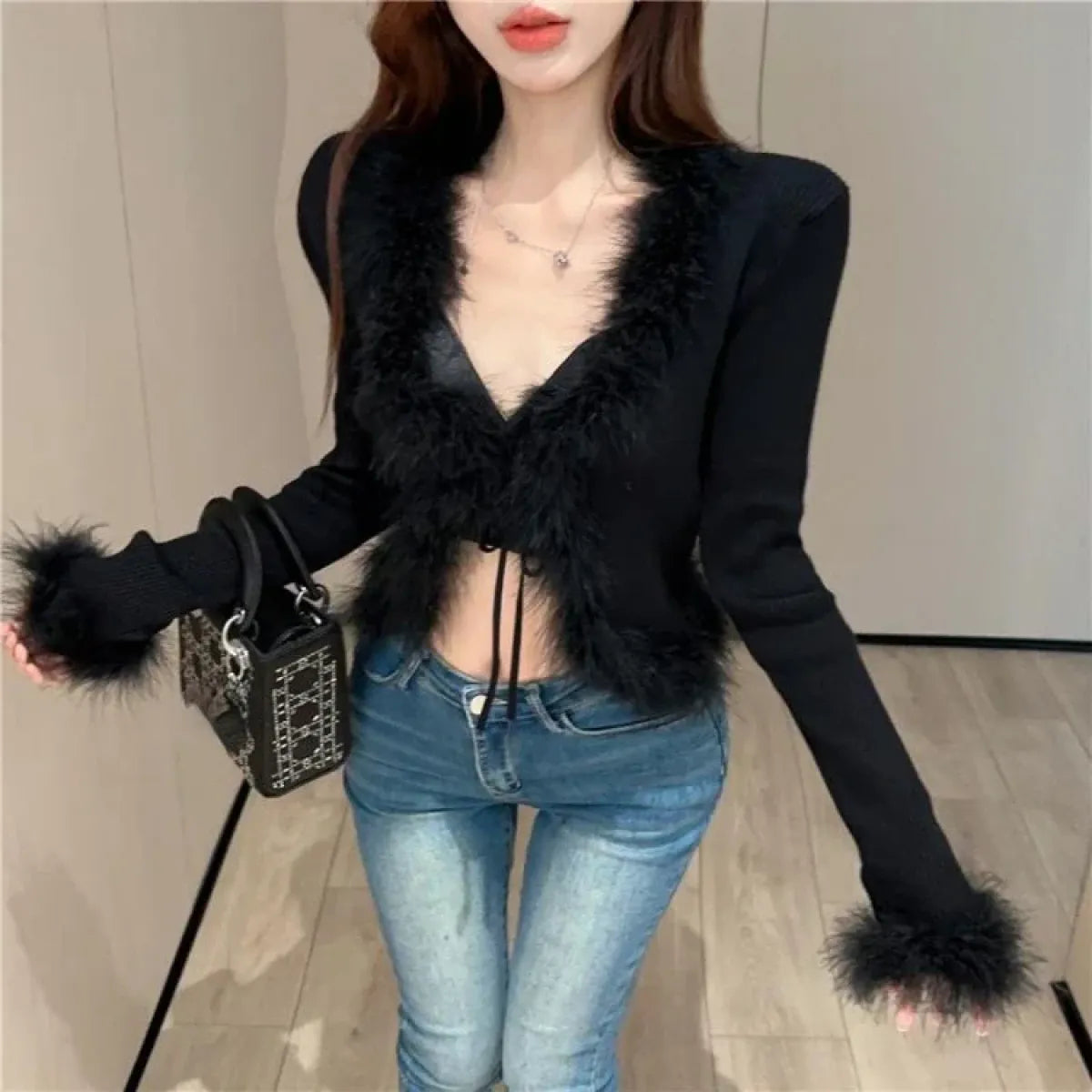 Y2K Lace-Up Faux Fur Trim Cardigan - Women’s Clothing & Accessories - Cardigan - 2