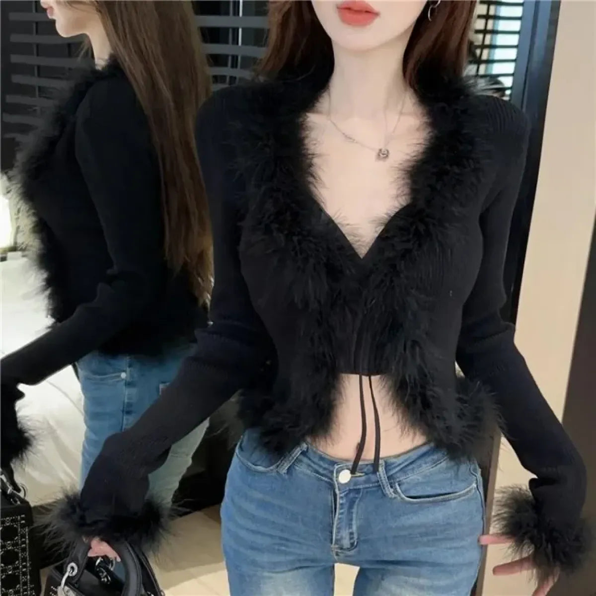 Y2K Lace-Up Faux Fur Trim Cardigan - Women’s Clothing & Accessories - Cardigan - 3