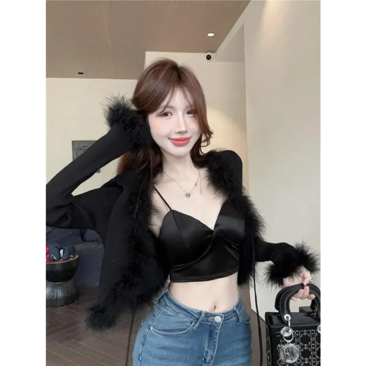 Y2K Lace-Up Faux Fur Trim Cardigan - Women’s Clothing & Accessories - Cardigan - 5