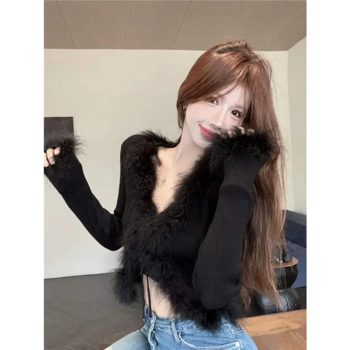 Y2K Lace-Up Faux Fur Trim Cardigan - Women’s Clothing & Accessories - Cardigan - 6