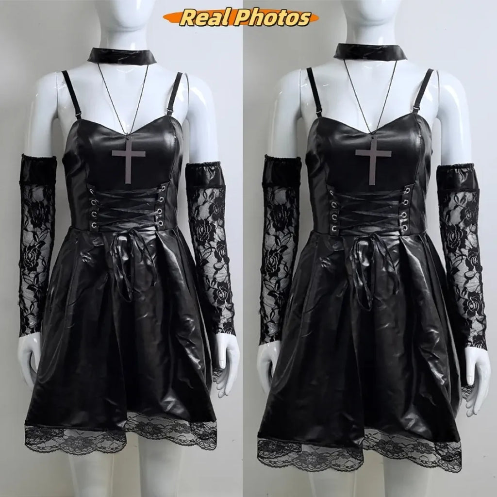 Gothic Lace Faux Leather Cosplay Dress Set - All Dresses - Cosplay - 4