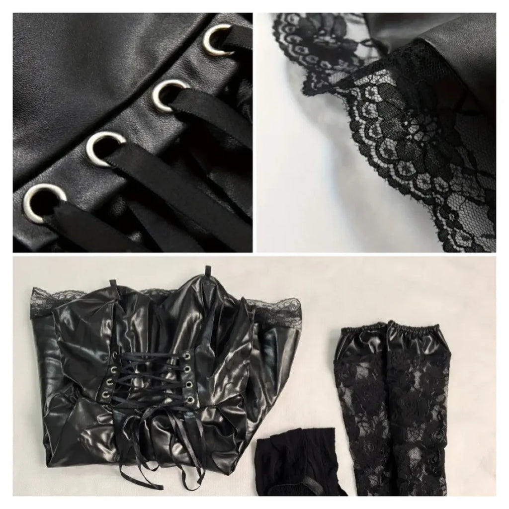 Gothic Lace Faux Leather Cosplay Dress Set - All Dresses - Cosplay - 6