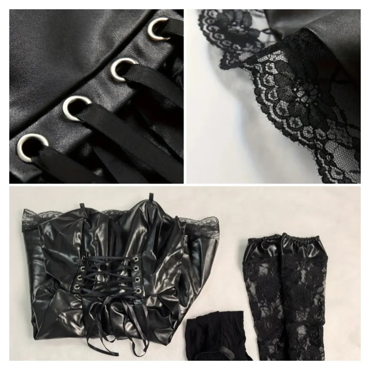 Gothic Lace Faux Leather Cosplay Dress Set - All Dresses - Cosplay - 6