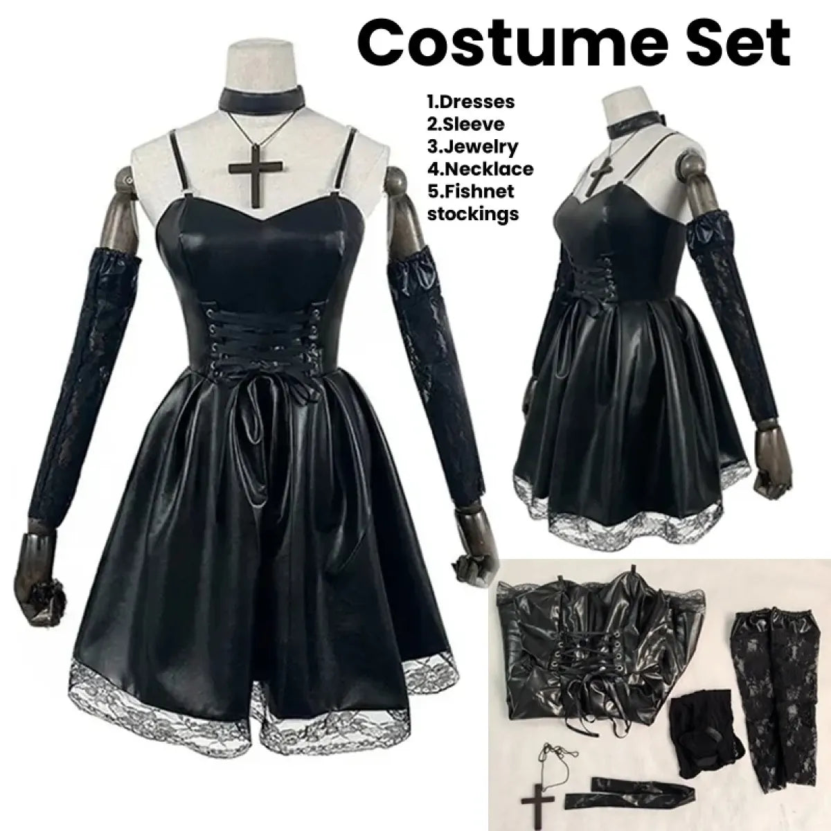 Gothic Lace Faux Leather Cosplay Dress Set - All Dresses - Cosplay - 9