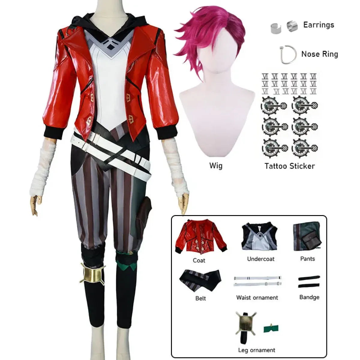 Vi Arcane Cosplay Costume Set with Red Faux Leather Jacket - Women’s Clothing & Accessories - Cosplay - 8