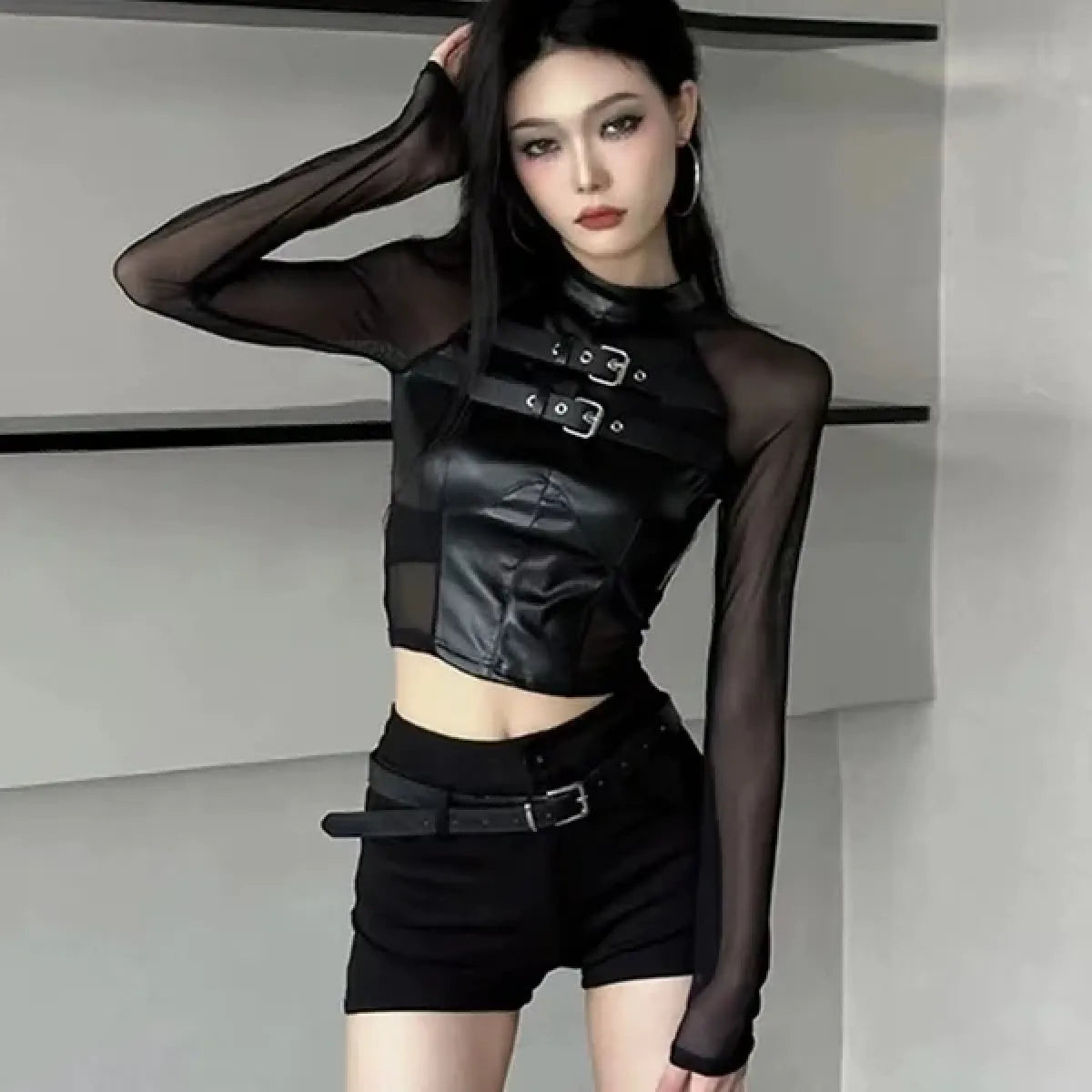 Faux Leather Mesh Crop Top – Harajuku Y2K E-Girl Streetwear - Women’s Clothing & Accessories - Long - Tops - 7