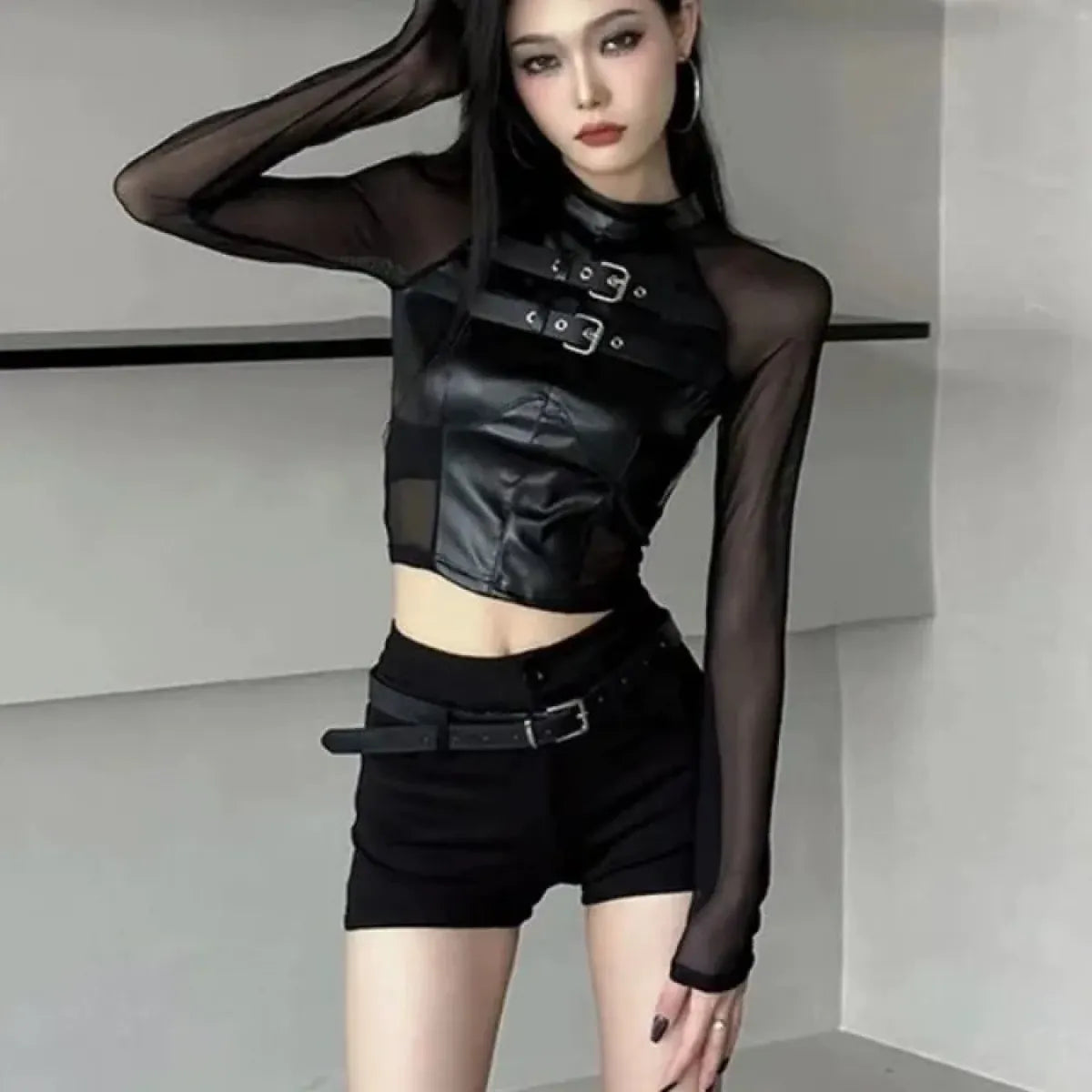 Faux Leather Mesh Crop Top – Harajuku Y2K E-Girl Streetwear - Women’s Clothing & Accessories - Long - Tops - 3
