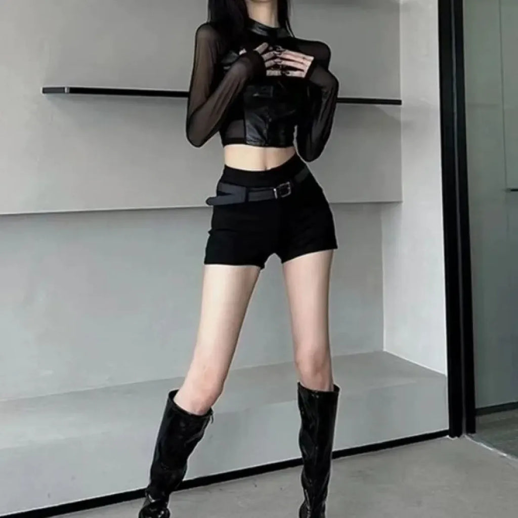 Faux Leather Mesh Crop Top – Harajuku Y2K E-Girl Streetwear - Women’s Clothing & Accessories - Long - Tops - 5