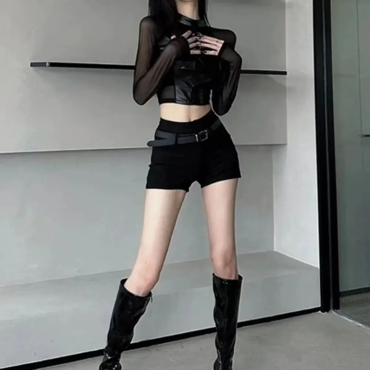 Faux Leather Mesh Crop Top – Harajuku Y2K E-Girl Streetwear - Women’s Clothing & Accessories - Long - Tops - 5
