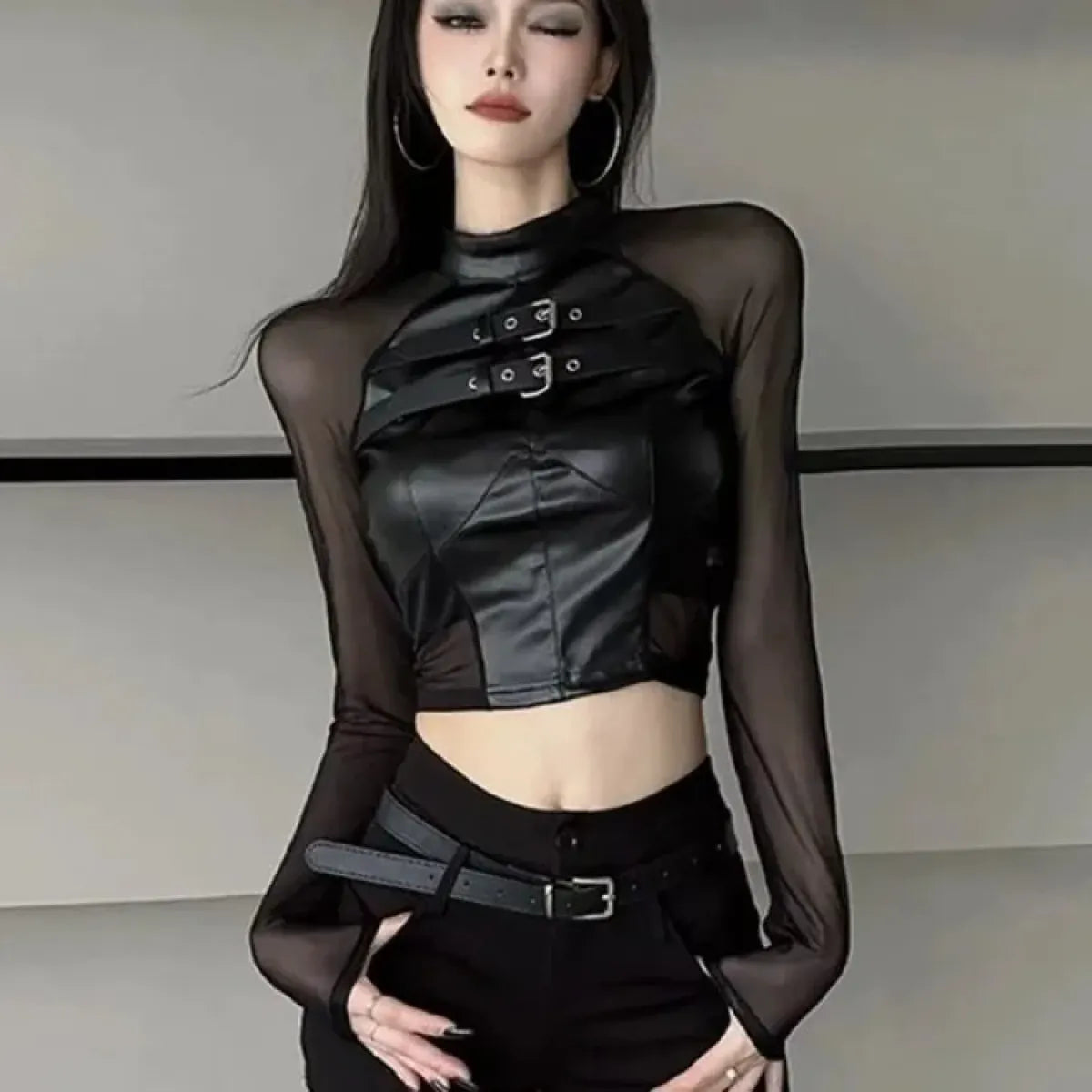 Faux Leather Mesh Crop Top – Harajuku Y2K E-Girl Streetwear - Best Sellers - Long - Tops - 1