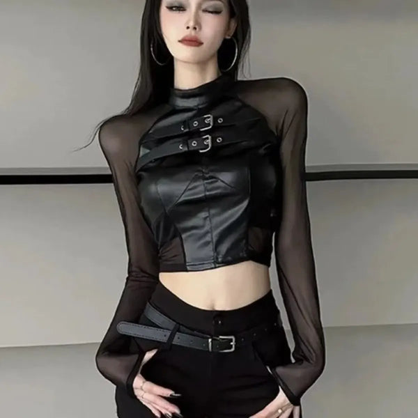 Faux Leather Mesh Crop Top – Harajuku Y2K E-Girl Streetwear - Women’s Clothing & Accessories - Long - Tops - 1