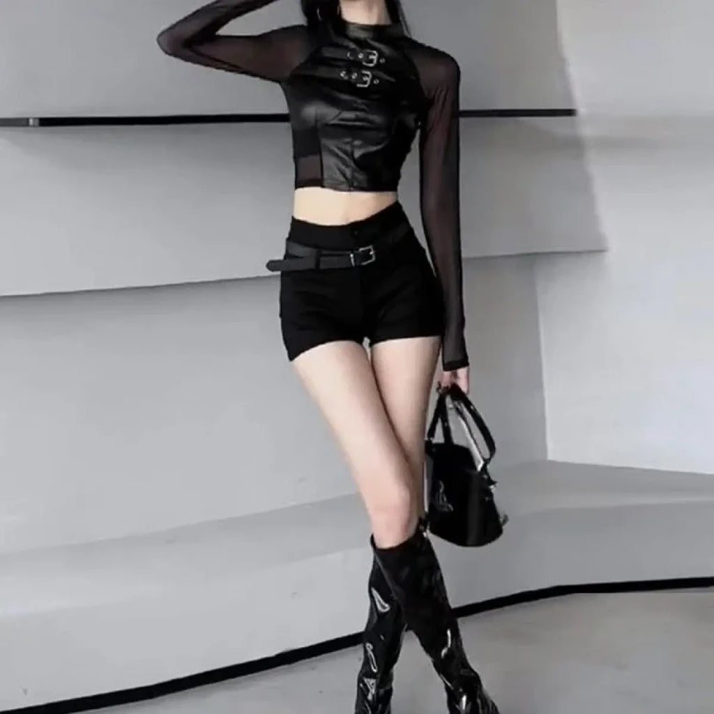 Faux Leather Mesh Crop Top – Harajuku Y2K E-Girl Streetwear - Women’s Clothing & Accessories - Long - Tops - 6