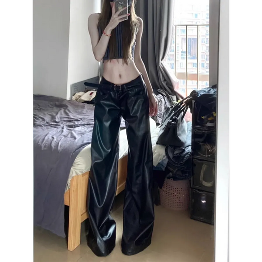 Y2K Oversized Faux Leather Wide Leg Pants - Bottoms - Pants - 1