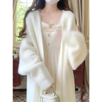 White Fuzzy Knit Mink-Feel Long Cardigan - Sweaters - Cardigan - 1