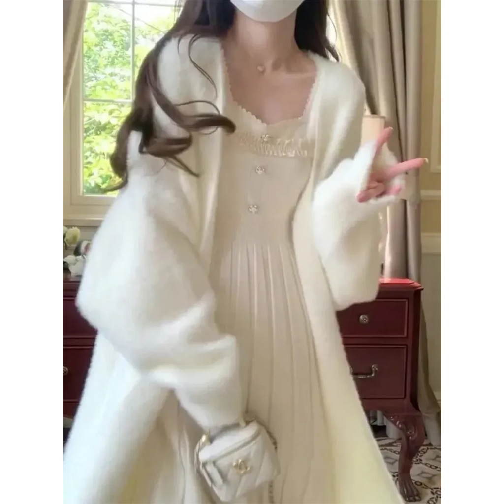 White Fuzzy Knit Mink-Feel Long Cardigan - Sweaters - Cardigan - 2