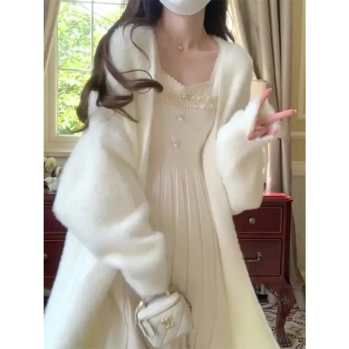 White Fuzzy Knit Mink-Feel Long Cardigan - Sweaters - Cardigan - 2