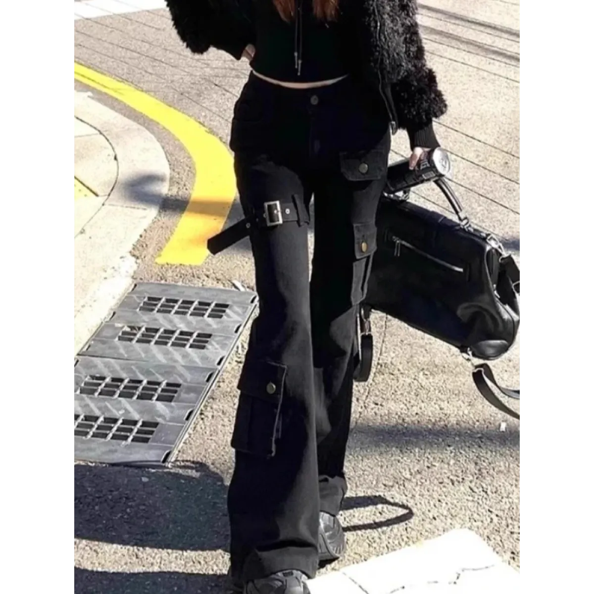 Black Cargo Flare Jeans with Buckle Detail - Bottoms - Jeans - 1